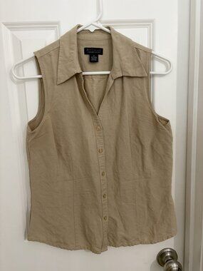 Ann Taylor Factory Size 6 Tan Linen Blend Sleeveless Button-Front Blouse